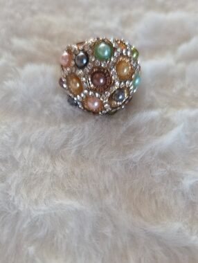 Vintage Multicolor Pearl & Crystal Dome Resizeable Statement Ring